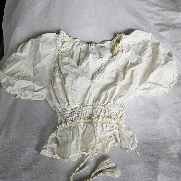 Moon river off white puff sleeve blouse with tassel - Picture 2 of 3